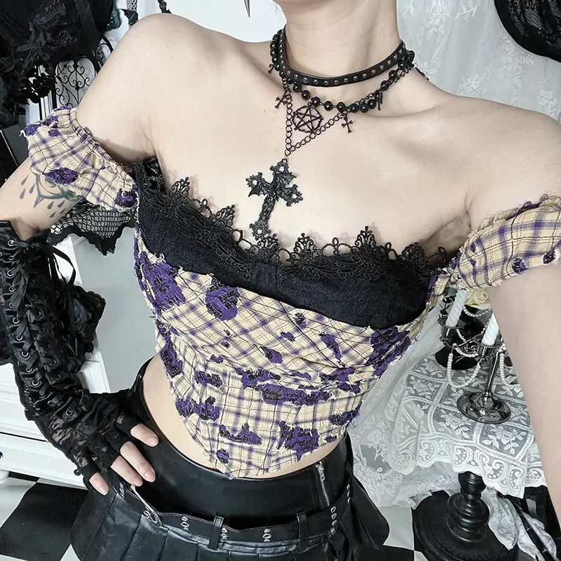 Y2K Plaid One Shoulder Sexy Slim Top Women Gothic Fake Two Piece Tops Subculture Grunge Fairy Core New Short Sleeves Retro Vest