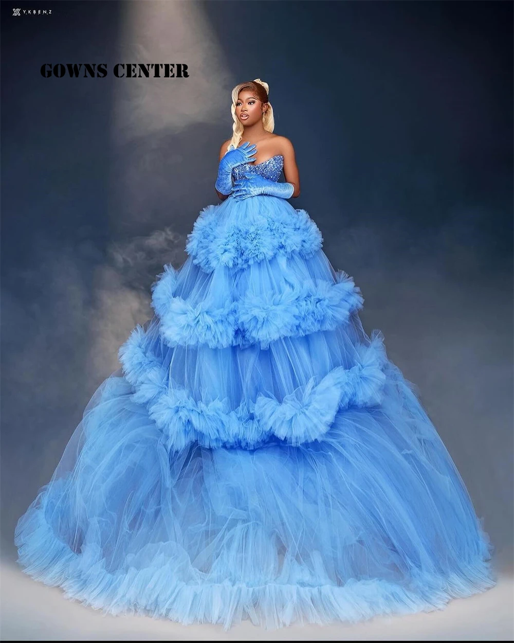 

Blue Tulle Ruched Train Aso Ebi Evening Dress Velvet Gloves African Beaded Pregnant Dress For Photoshoot Wedding Customized