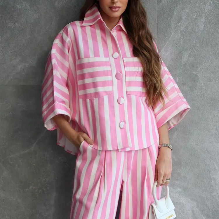 

Women Outfit Elegant Long Sleeve Shirt With High Waist Pants Set Streetwear Fashion Loose Stripe Print 2 Piece Sets Loungewear