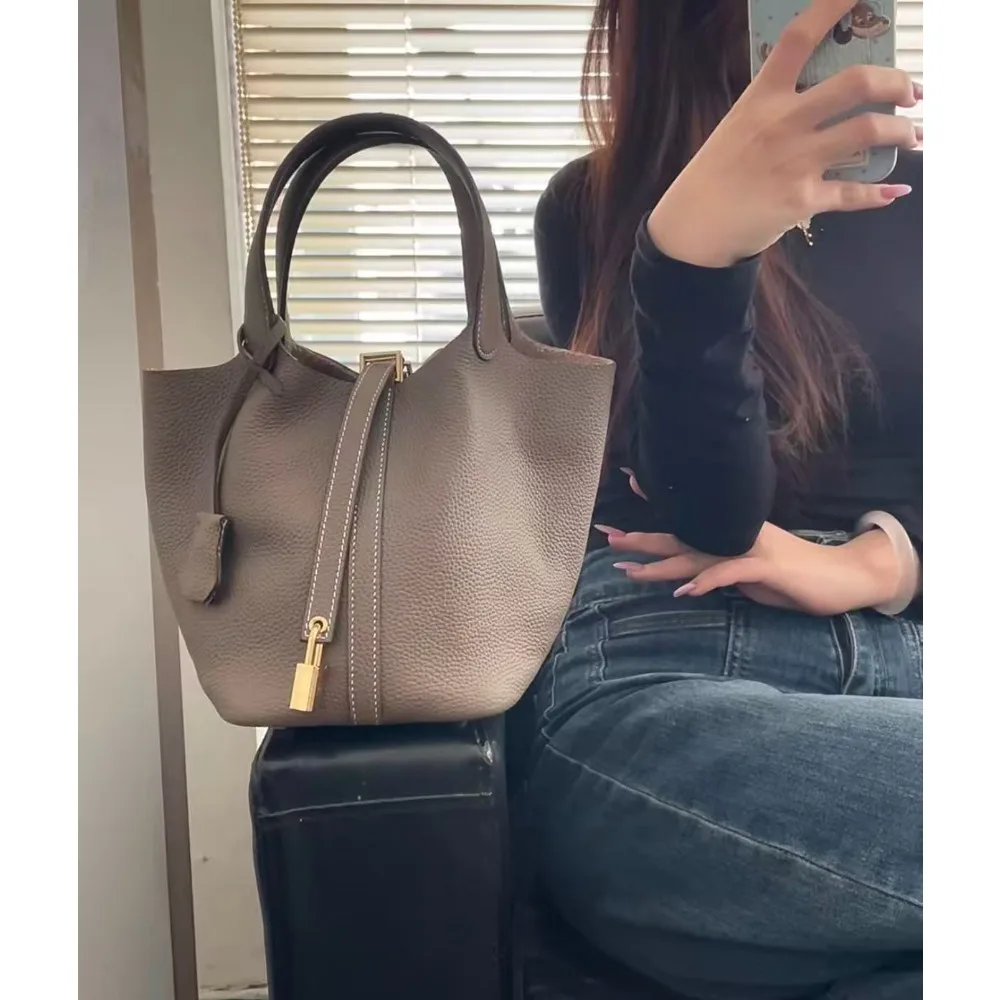 

Women's Beige Textured Bucket Bag with Inner Pouch, Top Handle & Drawstring Closure, Stylish Tote for Daily Use & Shopping