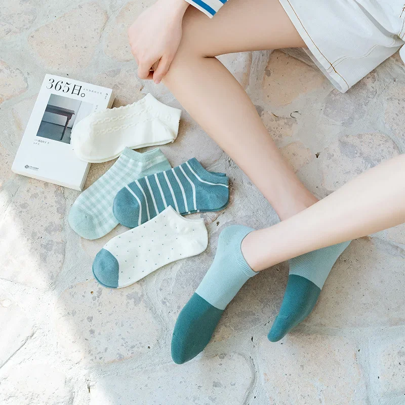 1/5 Pairs Women\'s Socks Cotton Green Forest Series Design High Quality Casual Sport Short Girl Gift Ankle Socks 1 Set