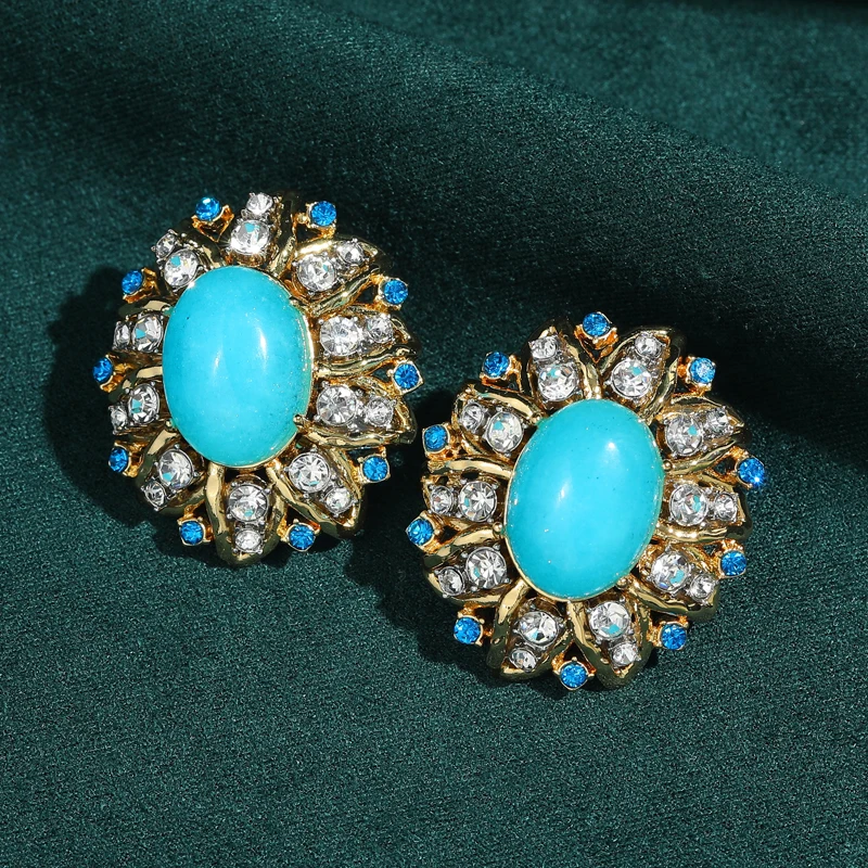 

Round Blue Enamel Vintage Stud Earring Egg Shape Designer Gold Color Rhinestone Beads Charm Antique Retro Style Women 2025 Party