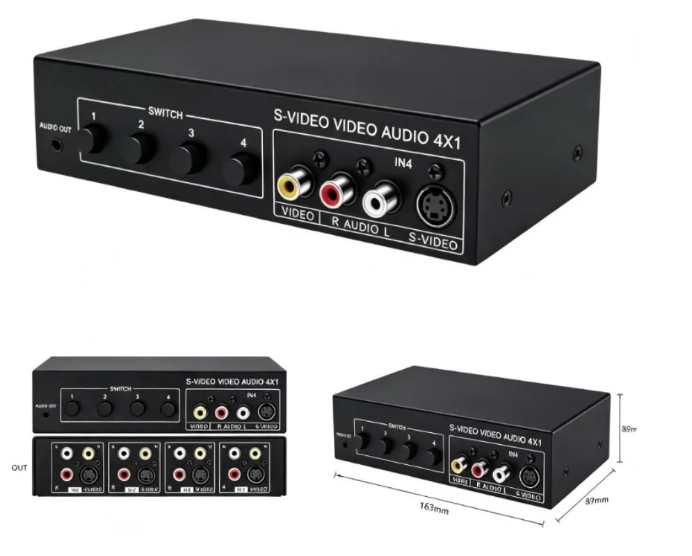 VSSW41 4 In 1 Out S-Video AV Switcher, 4x1 Video Selector Box With 3.5mm Audio Output Metal Housing Support 720P
