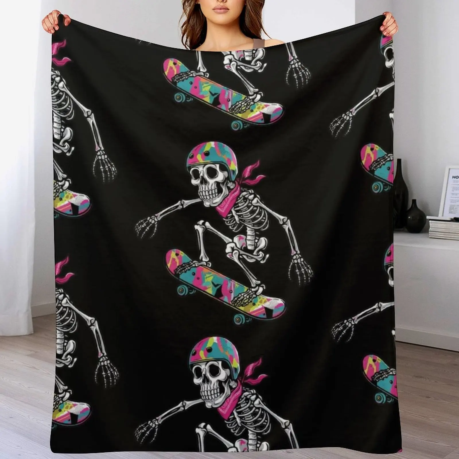 Cool Funny Skeleton Skateboarding Graffiti Art Throw Blanket Warm Cozy Throw Blanket for Living Room Couch