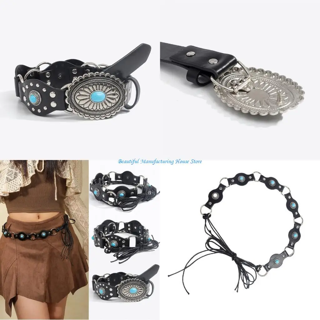 E56A Stylish PU Leather Wide Waist Belt with Turquoise Inlay For Women Girl Dresses