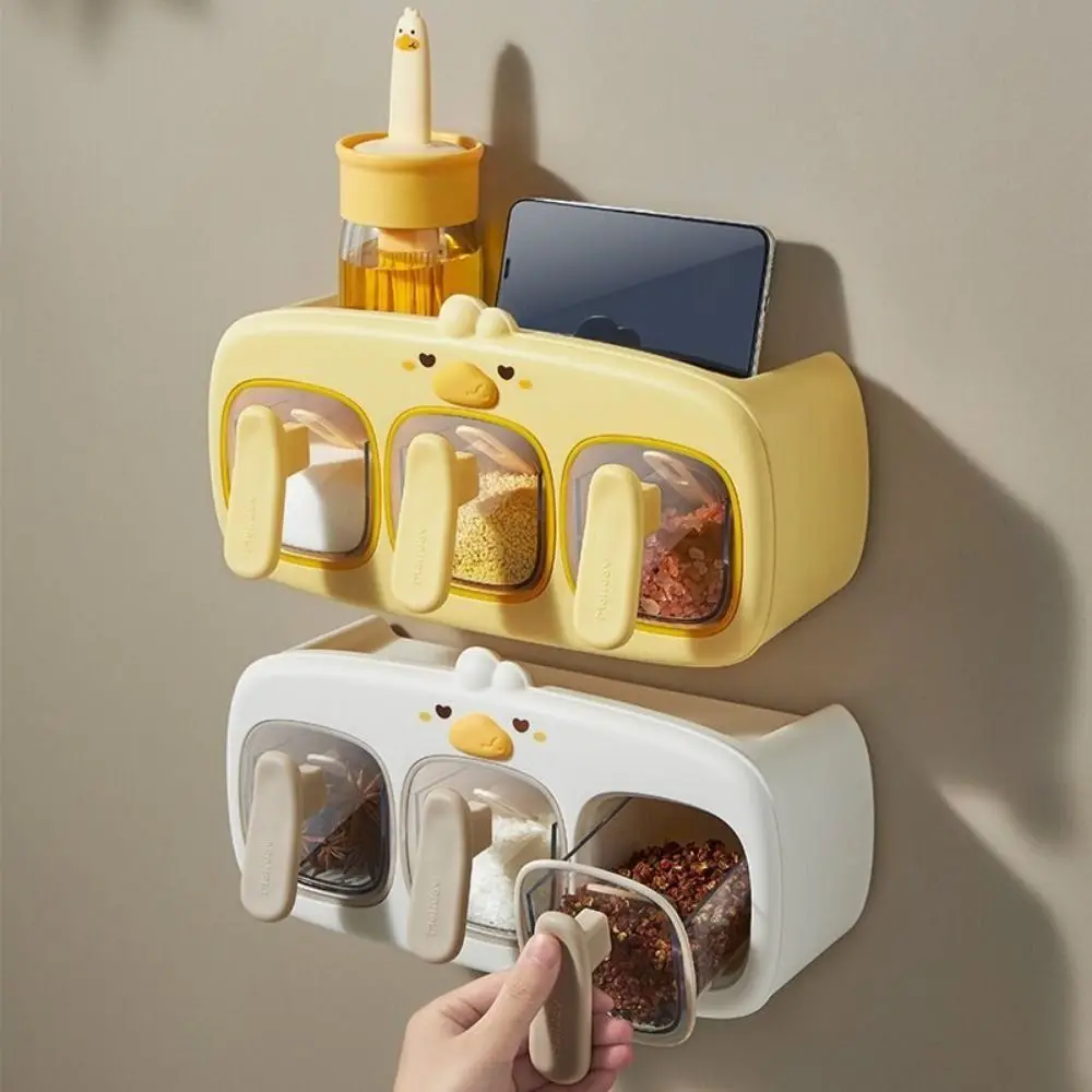 

Wall-Mounted Spice Storage Rack 3 Grids with Spoon Kitchen Seasoning Jar Sealed Transparent Kitchen Storage Organizer