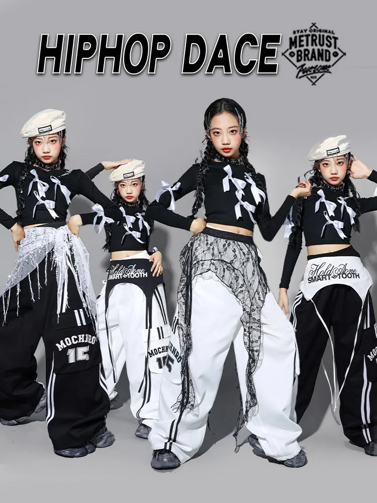 Girls K-pop Sweet Bow Crop Top Cargo Pants Street Dance Skirts Kids Hip Hop Streetwear Children Teen Jazz Girl Group Clothes Set