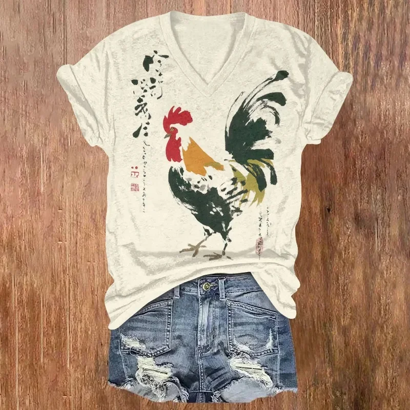 Japanese Art Rooster Print Short Sleeved V-neck T-shirt Summer Women's T Shirts