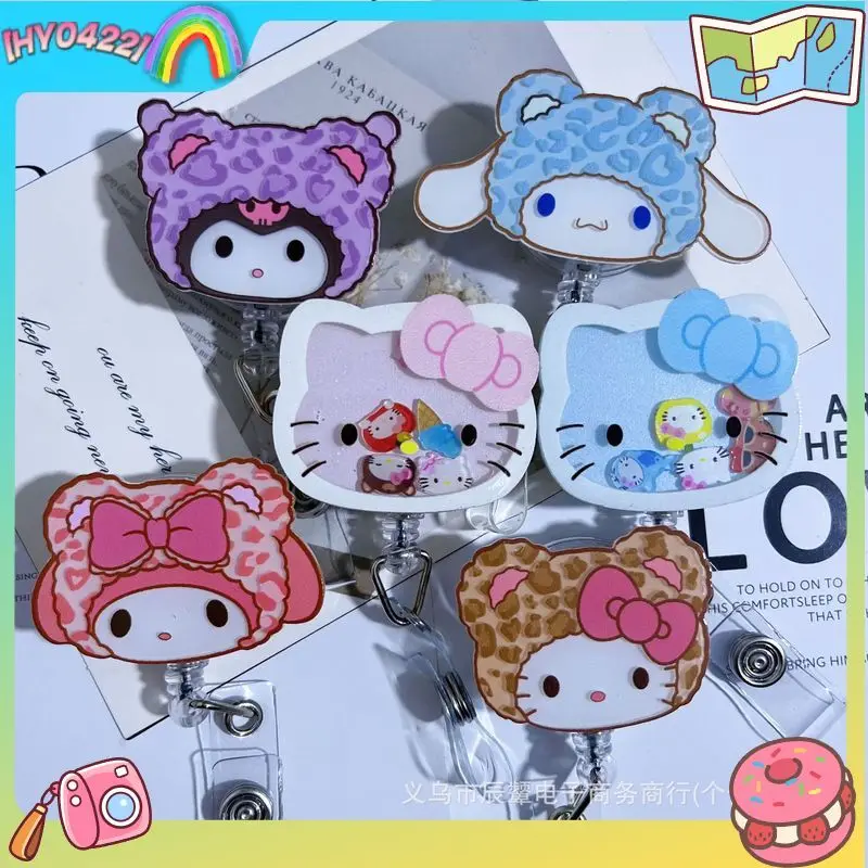 Porta credenciales retráctil con estampado de leopardo Kuromi, lindo porta identificaciones de acrílico para enfermeras, médicos, estudiantes, personal de consultorio médico, clip para tarjetas de identificación.
