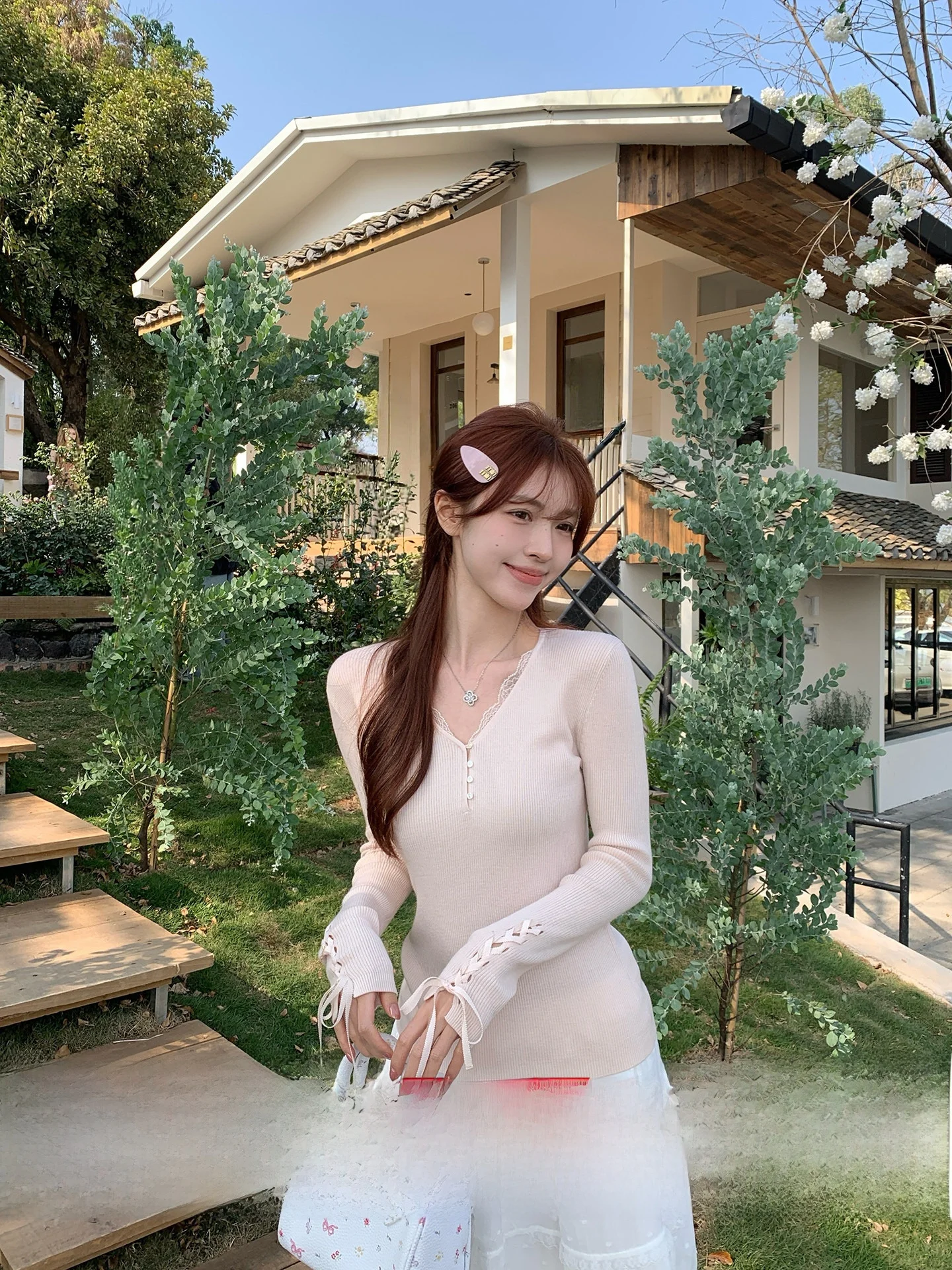 

Morning Bloom Gentle Breeze Lace Splicing Knitted Sweater Women's Early Spring New Sle Long Sve Inner Wear Top