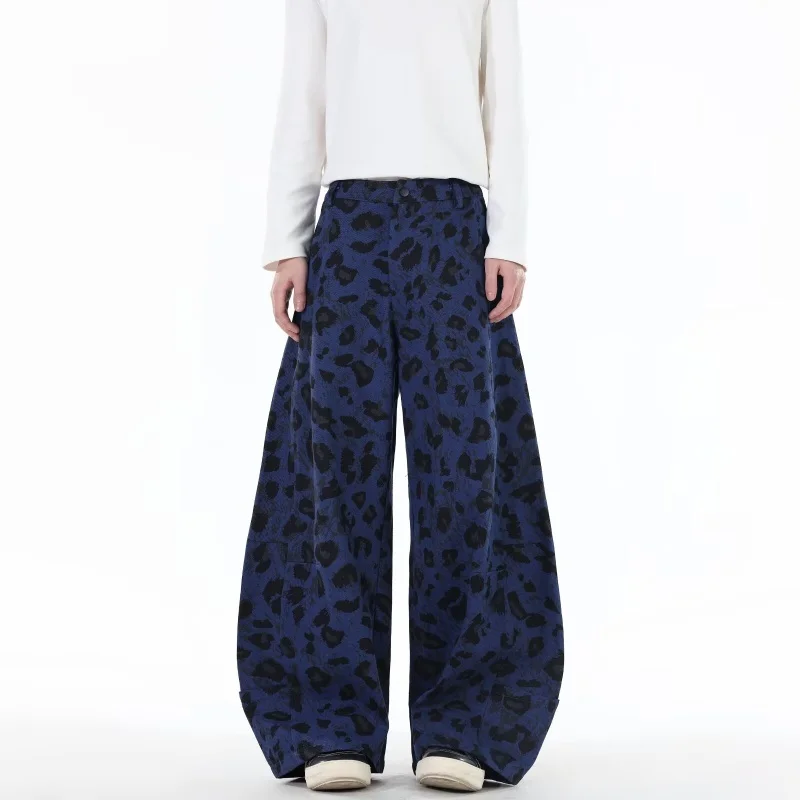 2025 American Retro Y2K Fashion Blue Leopard Baggy Women's Jeans Pants Straight Woman Clothing Casual Long Trousers Ropa Mujer