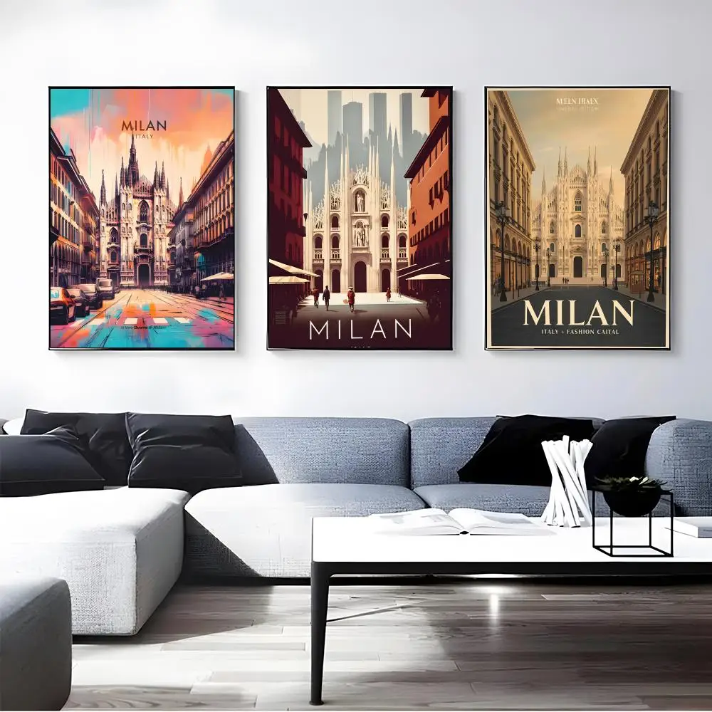 Landmark Milan Cathedral Poster Self-adhesive Art Waterproof Paper Sticker Coffee House Bar Room Wall Decor
