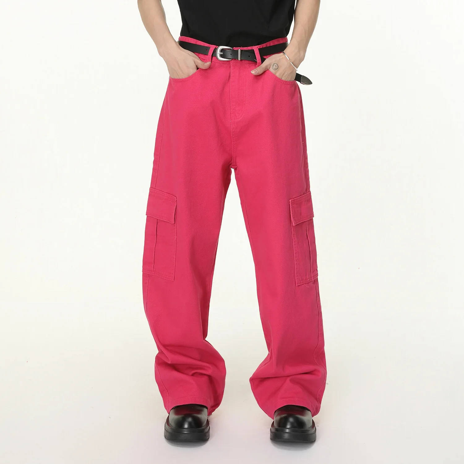 

Men's Korean-style Utility Multi-pocket Solid Color Straight-leg Water-washed Jeans - High-street Leisure Loose Fit