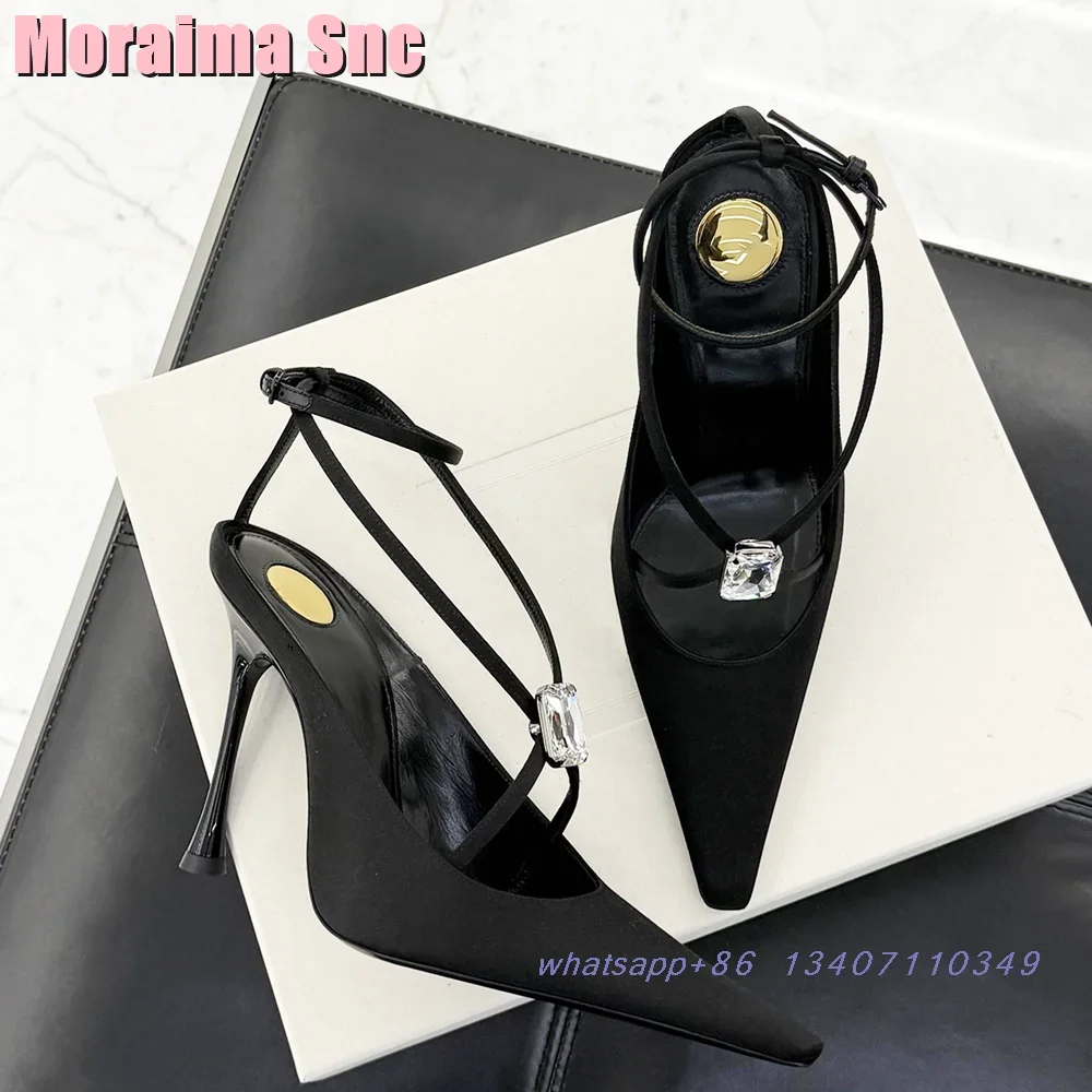 

Pointed Toe Crystal Detailing Sandals Satin Cross Strap Stiletto High Heel Ankle Buckle Strap Women's Dress Shoes Banquet Party