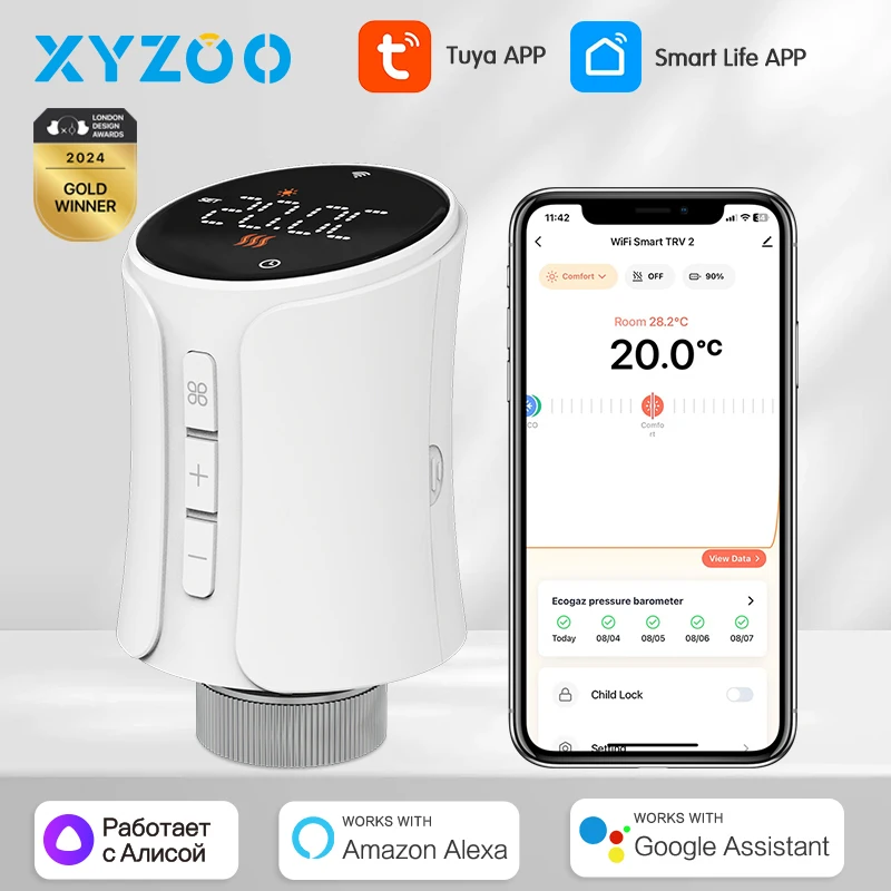 

Tuya WiFi Thermostatic Radiator Actuator Smart TRV Valve Programmable Temperature Controller Works With Alexa Google Home Alice