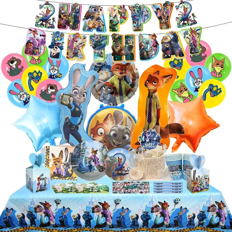 Zootopia Geburtstagsparty-Dekoration für Kinder, Event-Zubehör, Latexballons, Hintergrundbanner, Folienballons, Einweggeschirr