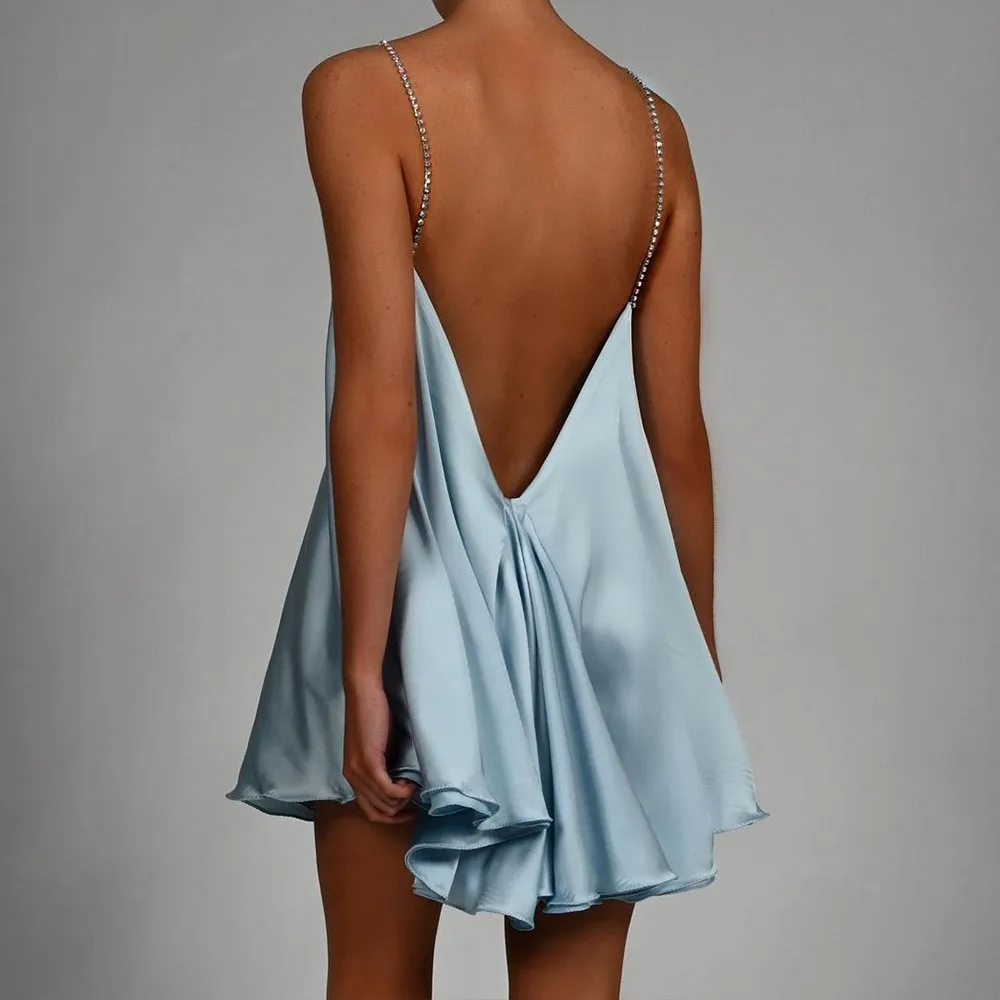 Sexy Club Party Dress Women Summer Deep V Neck Chain Spaghetti Strap Mini Dresses Y2k Fashion Loose Satin Short Dress Girl