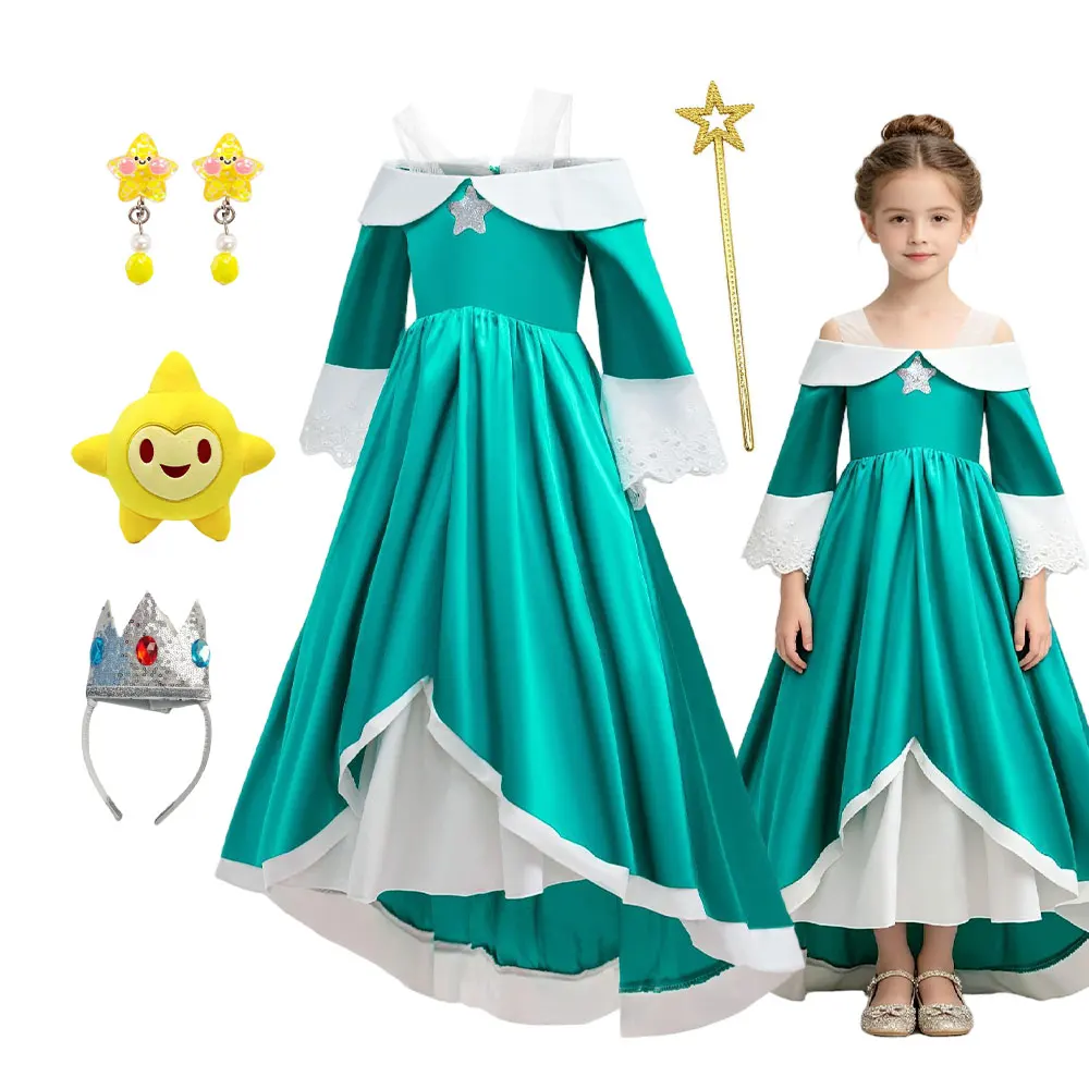 Disfraz de Rosalina de la película 2026, vestido de princesa galáctica con hombros descubiertos y falda amplia, traje de cosplay para niñas, disfraz de fontanera infantil.