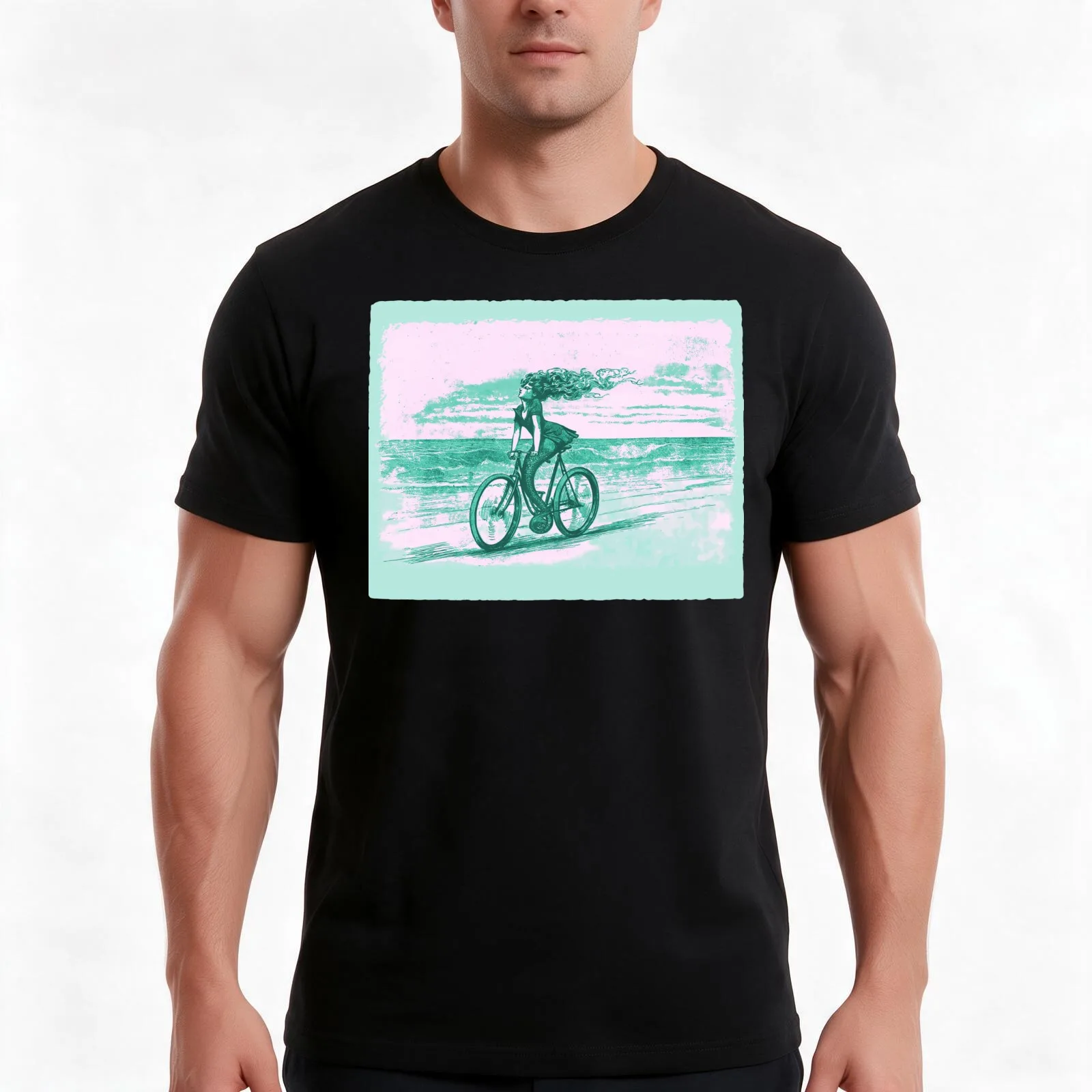 Mermaid Cyclist In Mint And Pink T-Shirt Summer Casual Cotton Tee Oversized Streetwear Tops Vintage Graphic Print