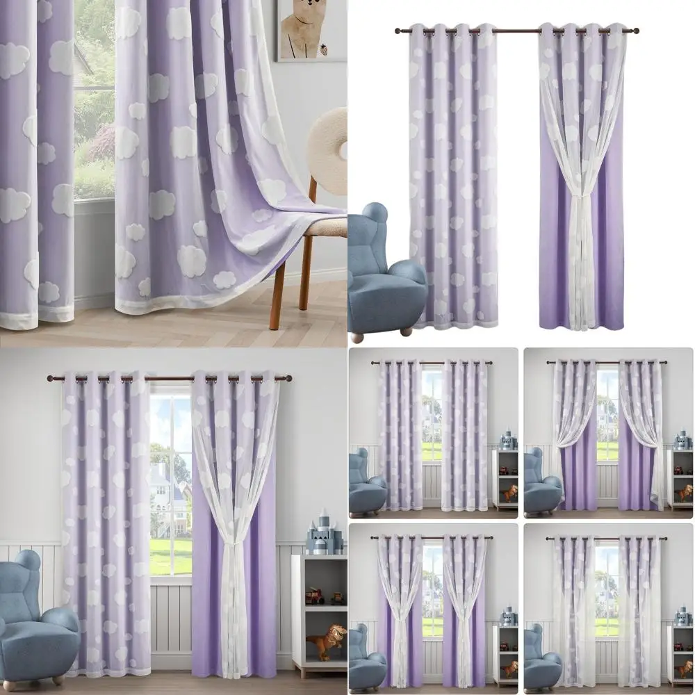 

Двухслойные детские шторы с облачным узором, фиолетовая комната, затемняющая прозрачная, 2 панели, 52x84 дюйма