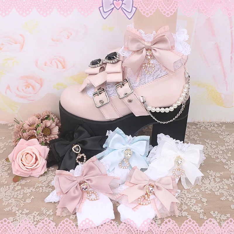 Handmade Japanese Mines Mass-produced Sweet Cute Lo Bow Love Rhinestone Pendant Lace Socks Sweetheart Girl Lolita Socks Women