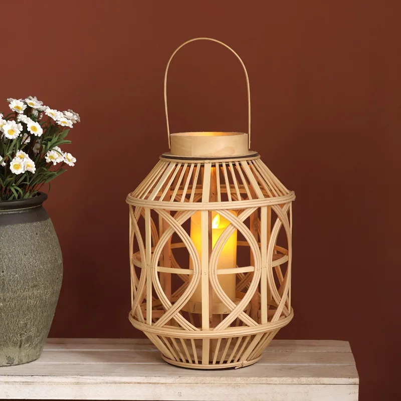 

Chinese-style wooden hand-woven wind lamp candle holder model room hotel homestay tea room designer antique decorative ornament