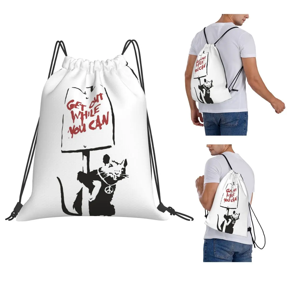Get Out While You Can Banksy Graffiti Backpacks Casual Drawstring Bags Sports Bag Book Bags for Travel School