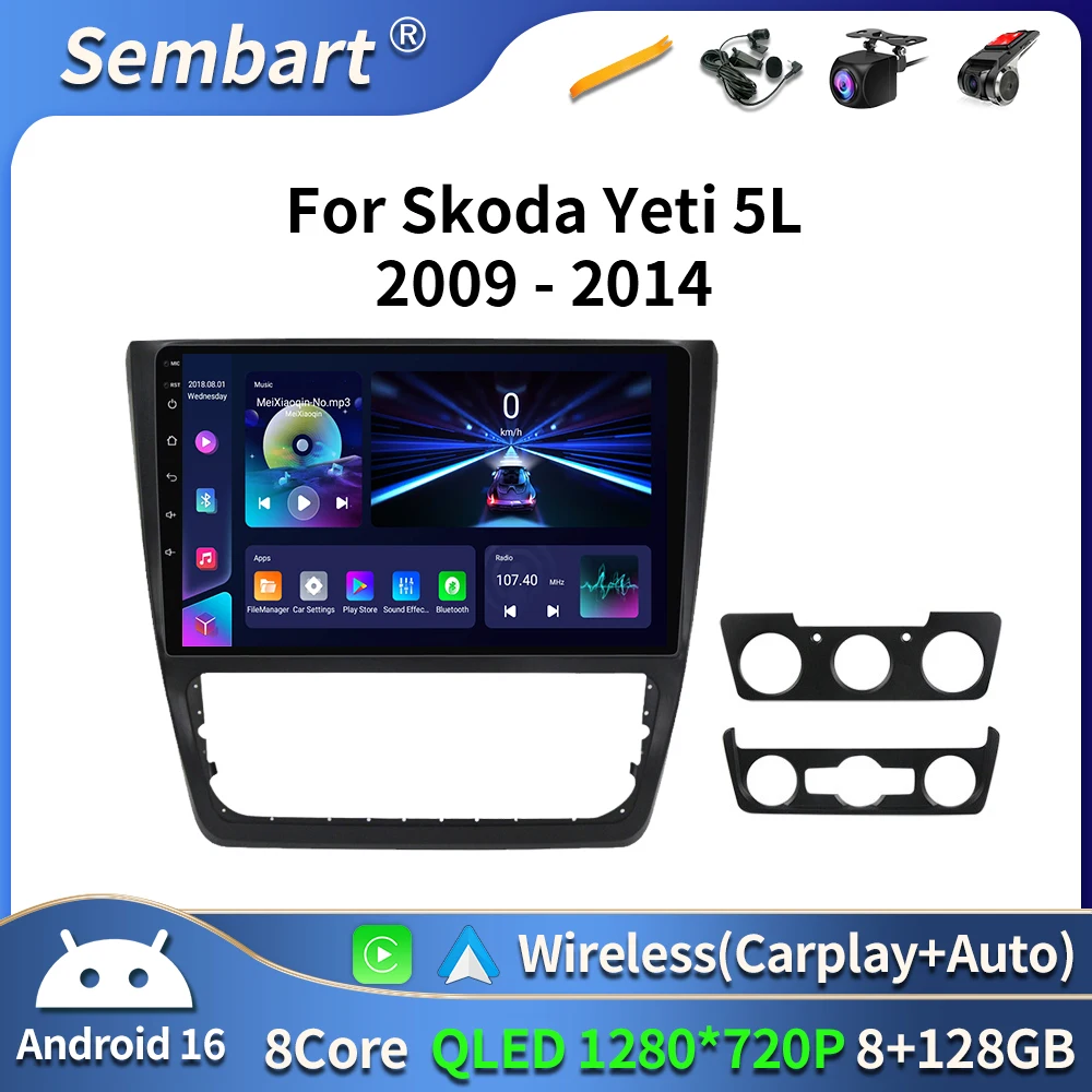 

For Skoda Yeti 5L 2009 2010 2011 2012 2013 2014 10 Inch 8-Core Android 16 Car Radio Stereo with Frame Auto Apple Carplay QLED BT