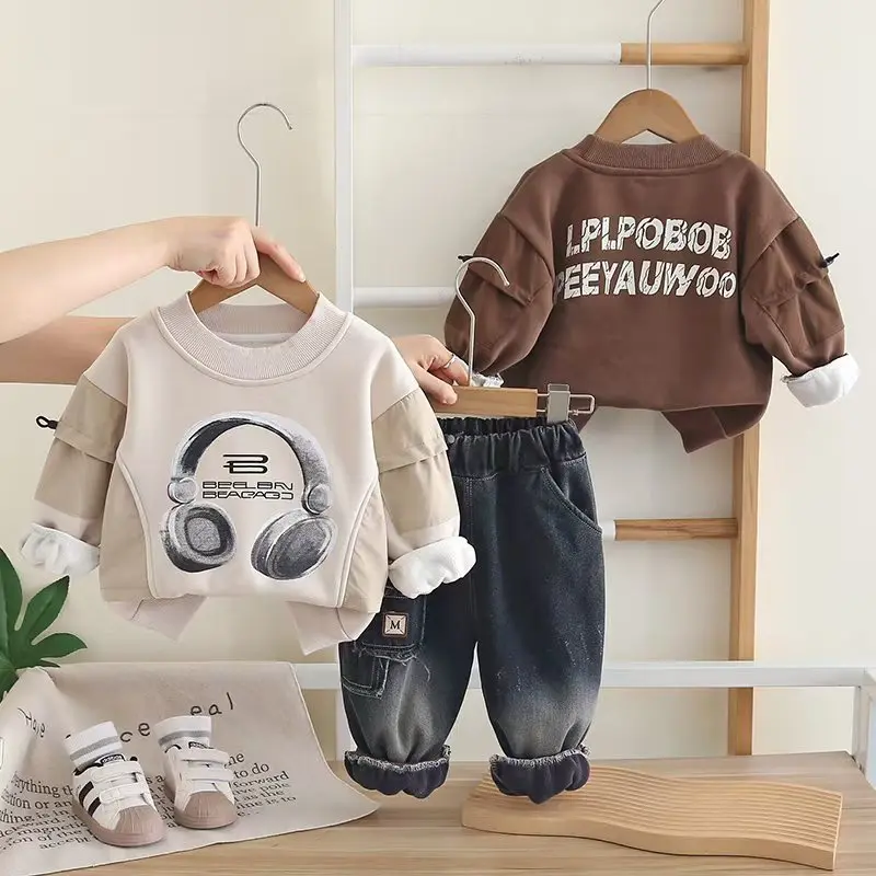 

Children's boys suit new padded winter splicing two-piece set of late autumn sweater fashion baby clothes tide 80-120cm