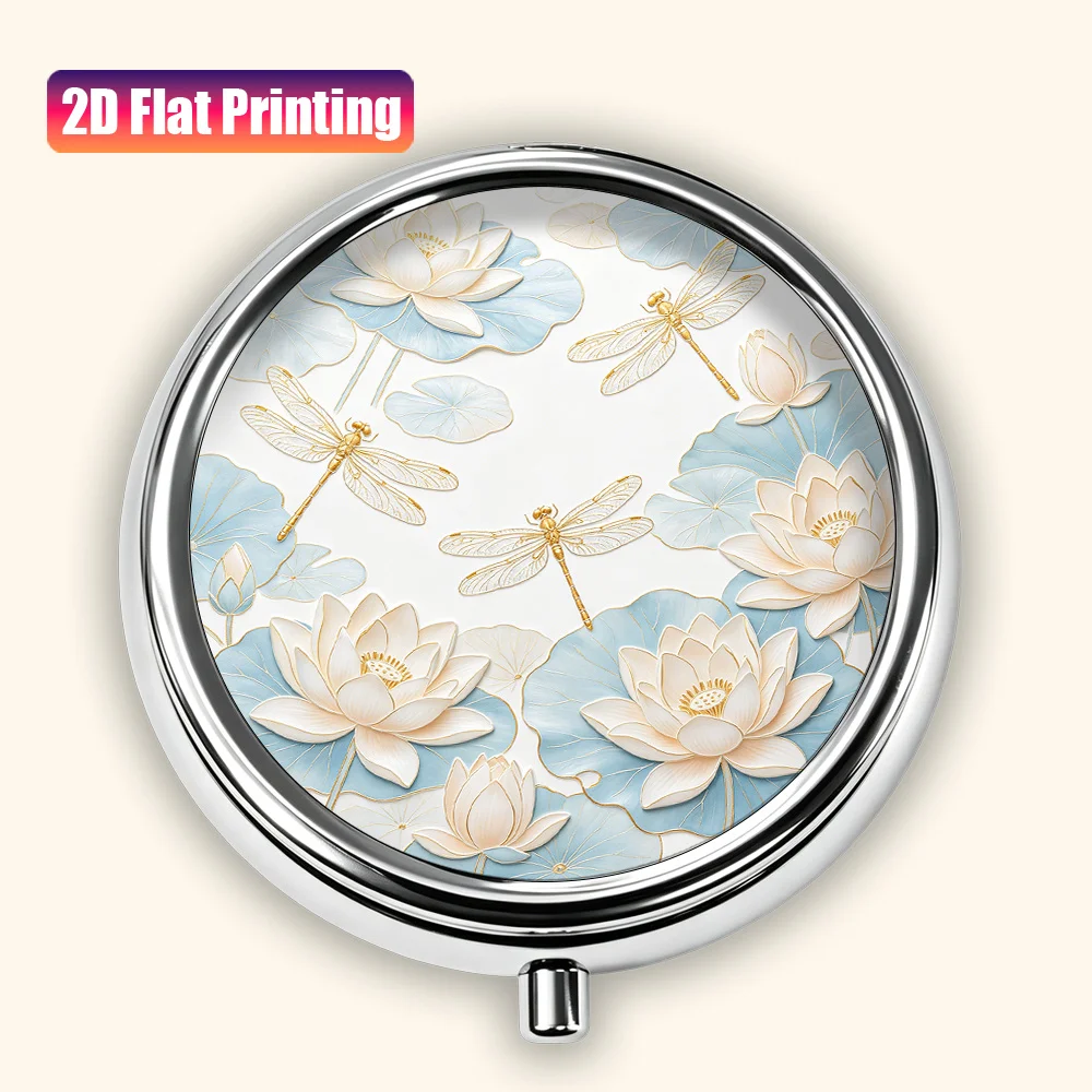 Single pack, flat print, white, dragonfly, soft glow, pastel ink floral bird landscape pattern, portable small pill box, pill box, storage box, earring case