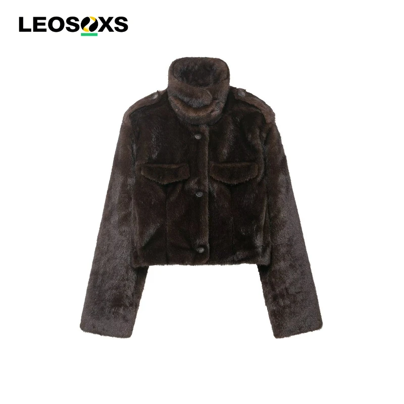 

Women's Clothes Coat Winter New Deep Brown Y2K Long Sleeve Faux Fur Short Warm Jacket High-end Fashion Elegant and Stylish 2026