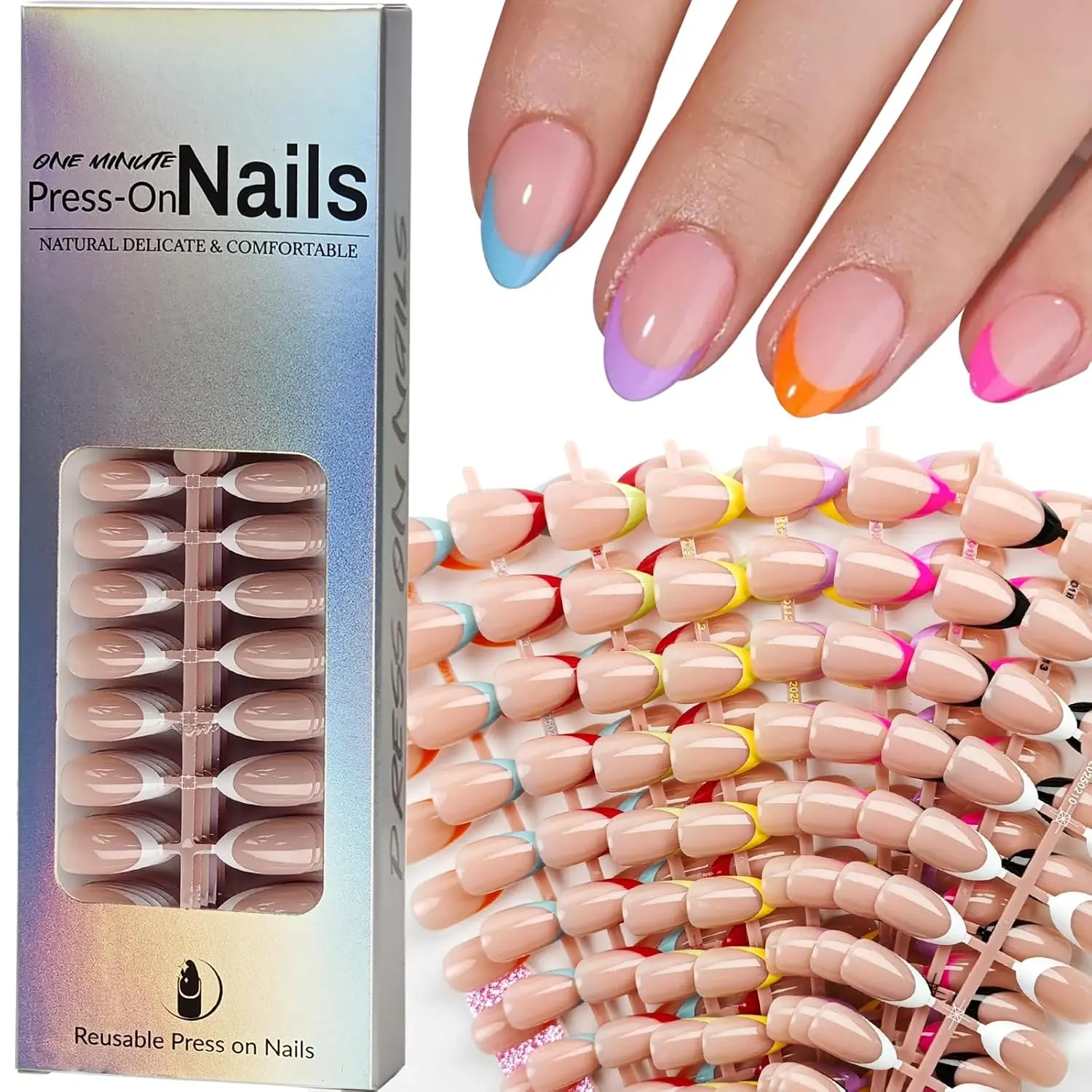 

216 Pcs French Tip Press on Nails Medium Almond 9 Colors Glossy Acrylic Full Cover Fake Nails Kit 12 Sizes for Women