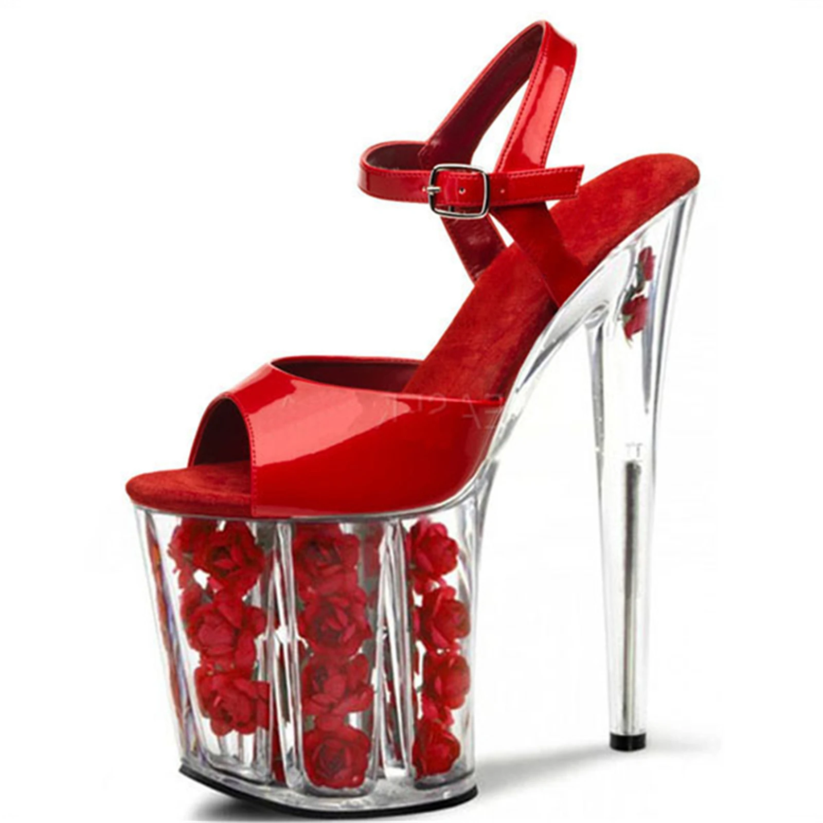 20CM Rose Heel Wedding Shoes Red, Crystal Platform Sandals with Fresh Flowers in Transparent Sole & Peep-Toe, Bridal Height Incr