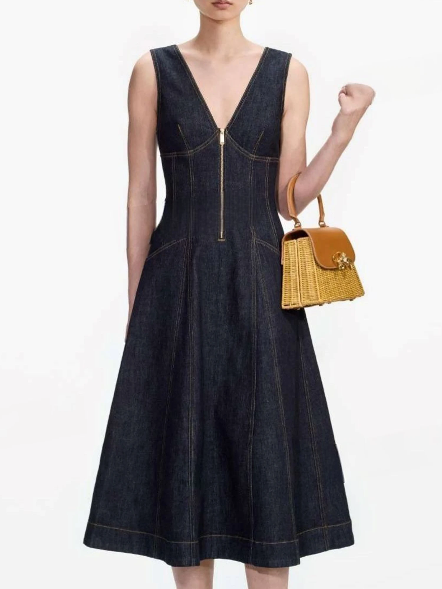 

Ele V-ne Waist-cinched Denim Svel Dr High-waisted A-line Skirt ort Length Summer Dr for Women