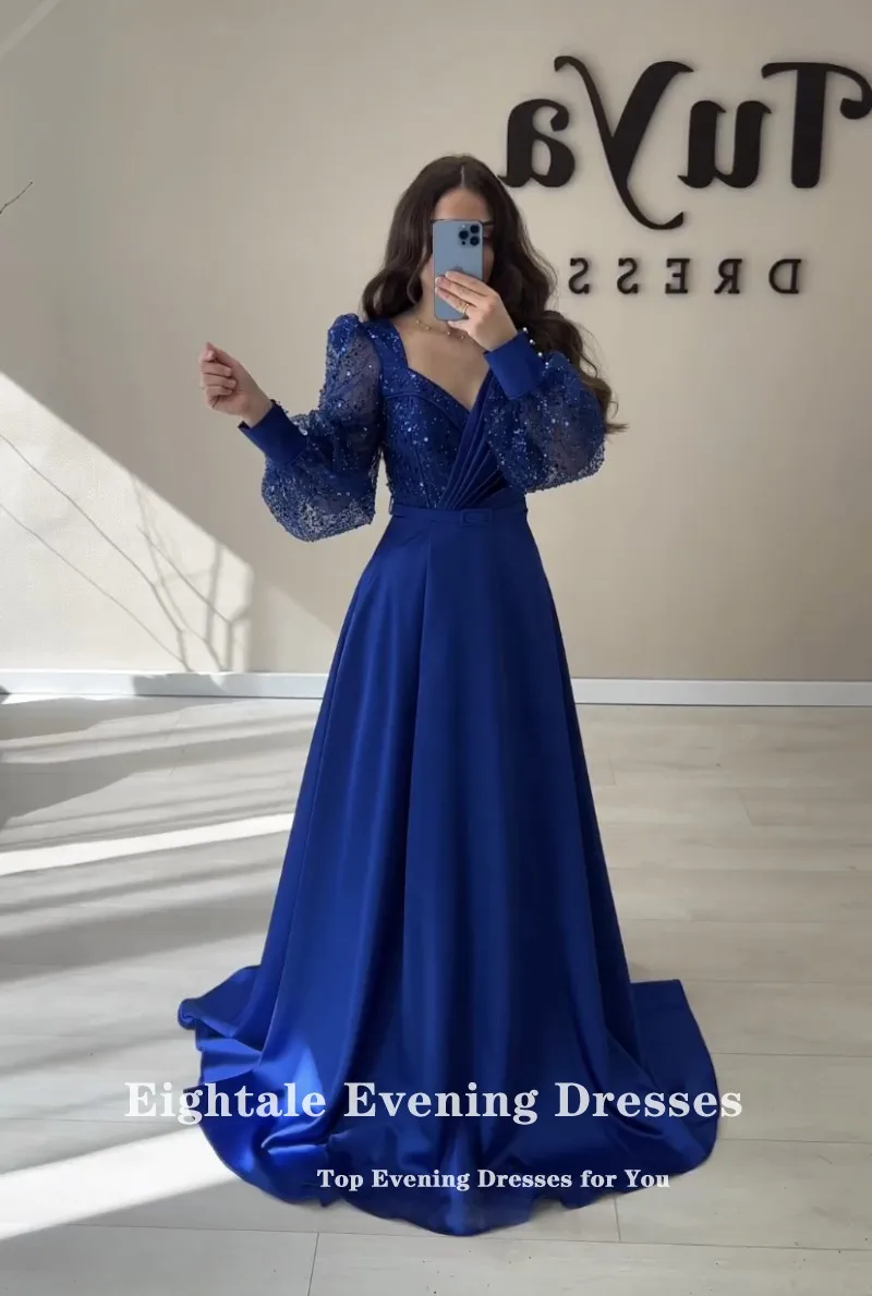 Eightale Royal Blue Evening Gowns Sparkly V-Neck Long Puffy Sleeve Customized Satin Formal Occasion Prom Party Dress Robe Soiree