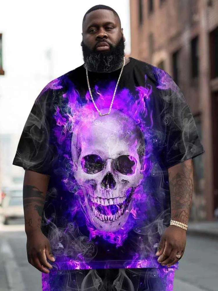 Biggmans Skull Print Plus Size Halloween Outfits Mens Short Sleeve Loose Pants Two Piece Set Street Fashion Men Trouser Suit New