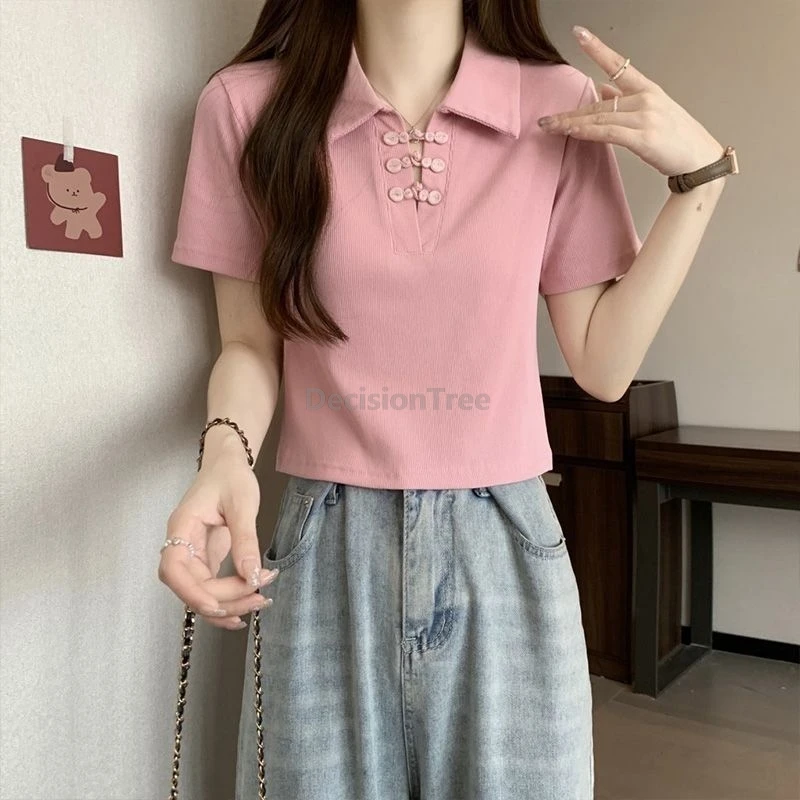 New Popular Fashionable Chinese Style Tang Suit Top Women Turn-down collar Polo Shirt Summer Buckle Short Sleeve Top