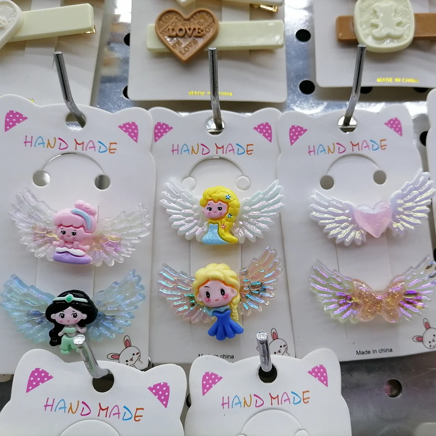 6pcs 55mm*25mm new cute mini cartoon angel wings with resin flat back round ornaments jewelry making hair accessories