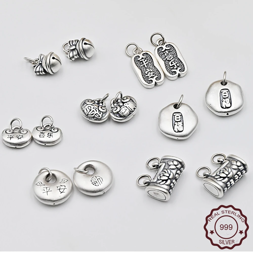 

999 Sterling Silver Luck Fortune Charms Lock Bell Pendant DIY Braided Rope Bracelet Necklace Decor Ornament for Jewelry Making