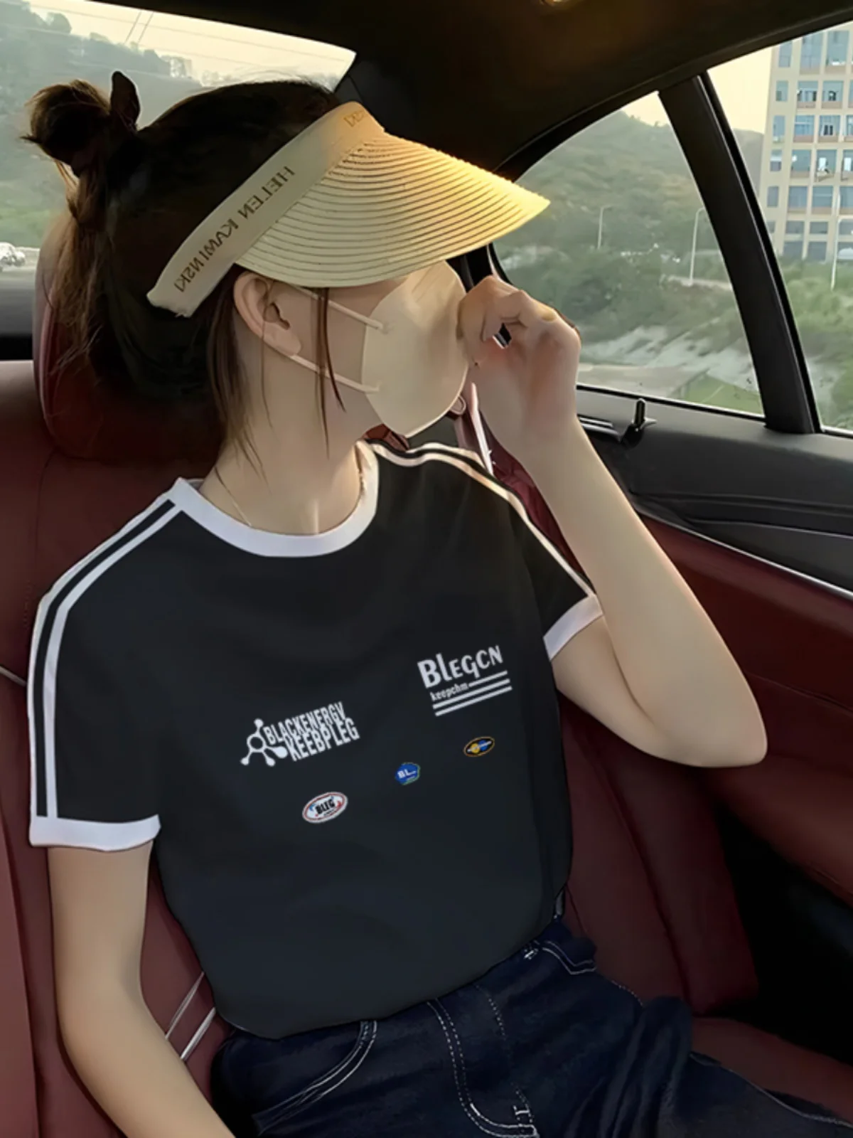 Trendy Pure Cotton Short Sleeve T-Shirt Women's Slim Fit Short Length Top Print Splicing Shoulder Width Regular Summer Casual