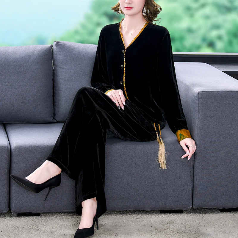 Women Black Velvet Suit 2022 Spring Fashion Pullover Tops And Full Pants Two Piece Set 5XL Female Velvet Pants Set