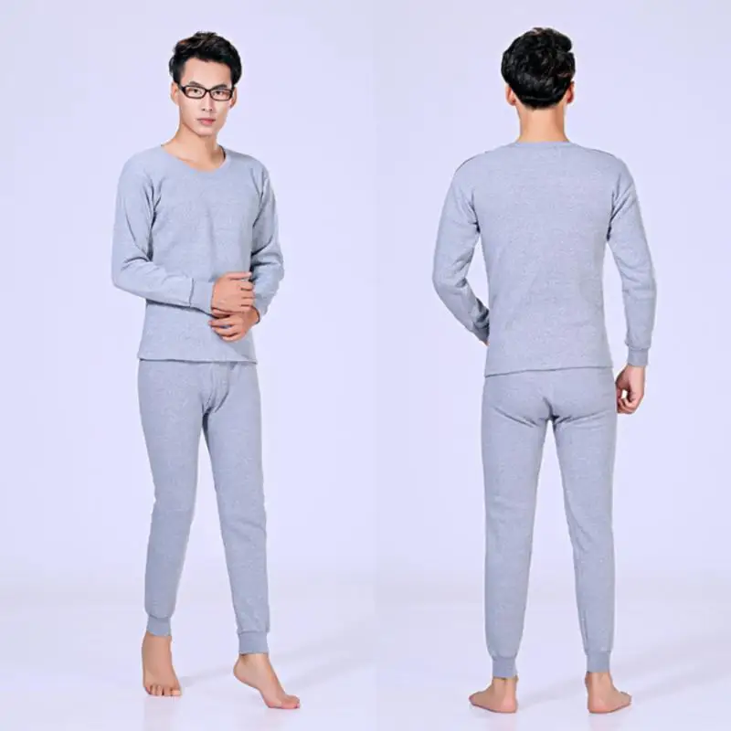 2023 Men Winter Thermal Underwear Set Seamless Solid Color Long Johns Suit Male Warm Round Neck Tops+Pants Long Trousers Suit