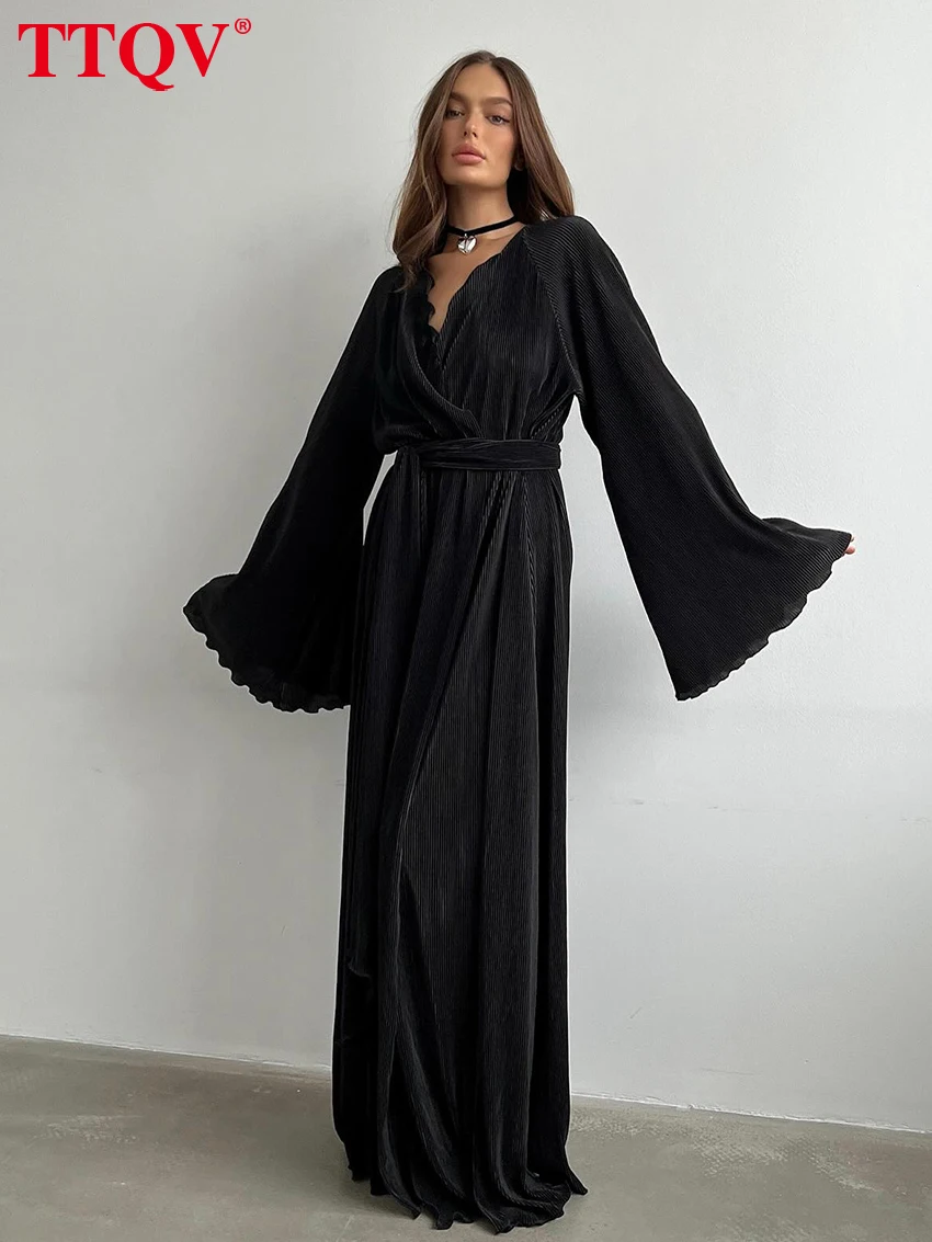

TTQV Fashion Loose White Pleated Women Dress Casual V-Neck Long Sleeve Ankle Length Dresses Elegant Lace-Up Slit Female Dress