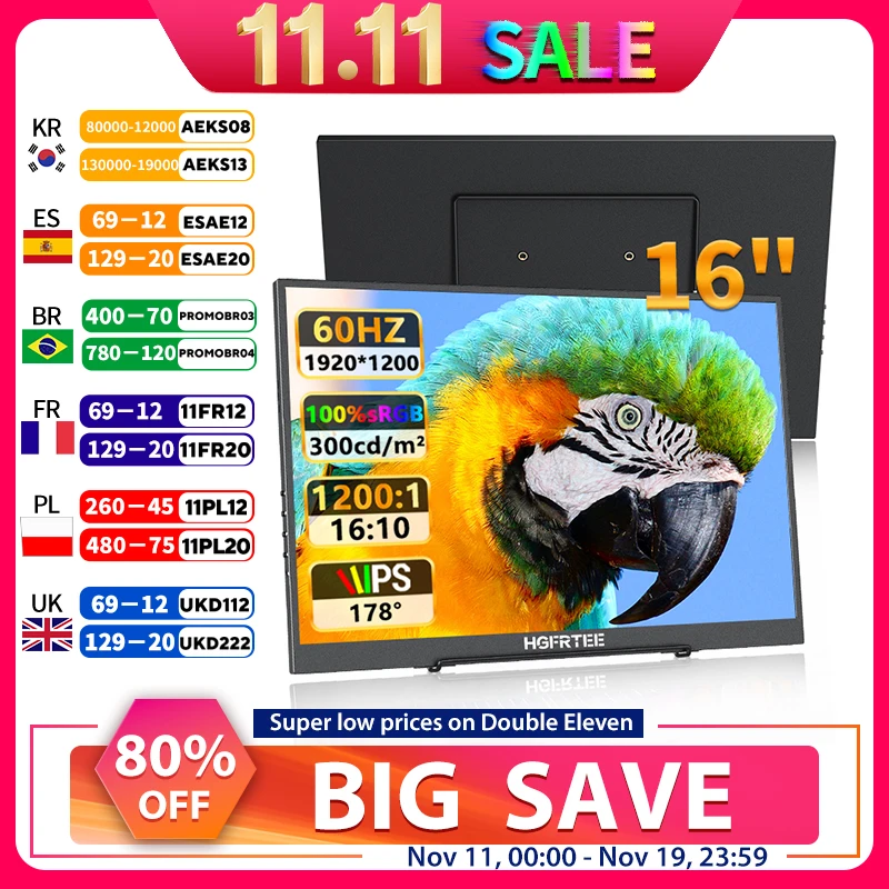 

HGFRTEE 16 inch Portable Monitor 100%sRGB FHD 60HZ Laptop Monitor VESA Hole Eye Care External Second Screen for PC Phone MAC