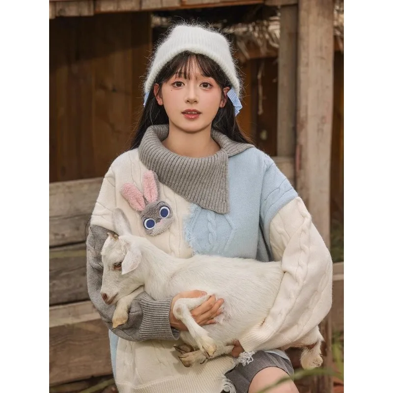 ديزني الكرتون لطيف جودي هوبس الفتيات الخريف والشتاء تويست سترة تريكو Crossbody طوق اللون حجب الحلو أنيق #3