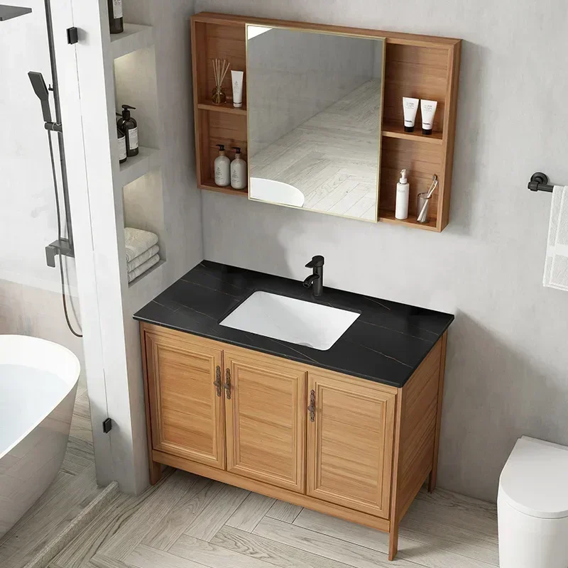 

Modern Bathroom Floor Cabinets Mirror Rock Ceramic Washbasin Bathroom Aluminum Cabinet Vanity with Sink Bathroom Furniture