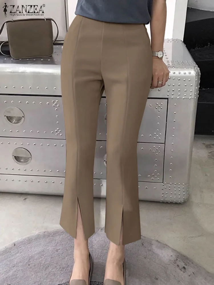 

ZANZEA Elegant Casual OL Pants Women Elastic Waist Trousers 2024 Summer Solid Color Split Pantalons Femme Office Bell-bottoms