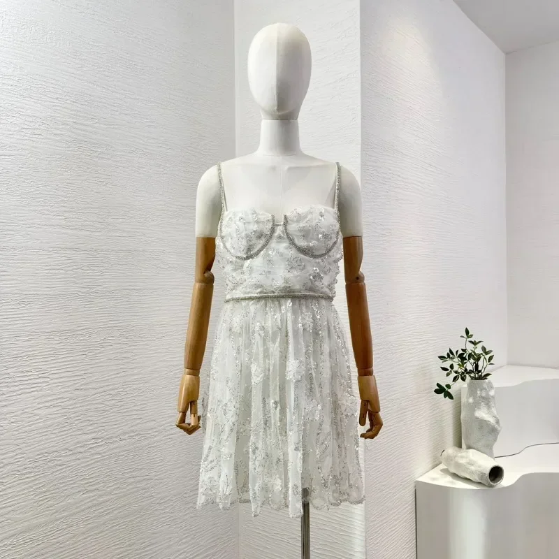 Minivestido plisado de encaje con bordado blanco para mujer, vestido Sexy de alta calidad, con lentejuelas, 2024