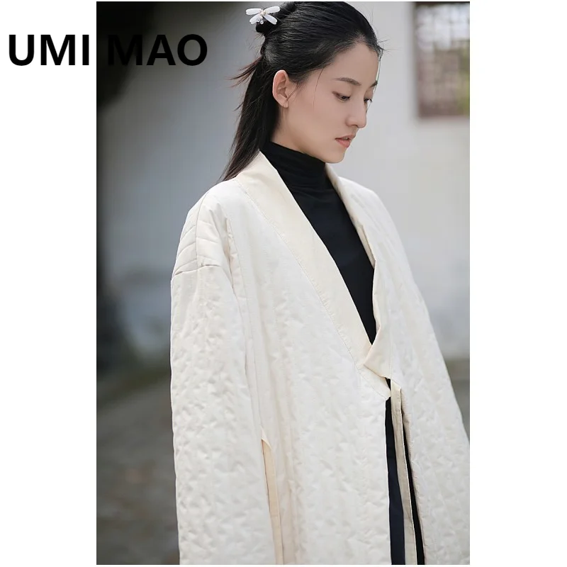 

UMI MAO Зимняя куртка из хлопка и льна, женская одежда, художественное новое длинное хлопковое пальто высокой плотности в китайском стиле с наклонным воротником и завязками