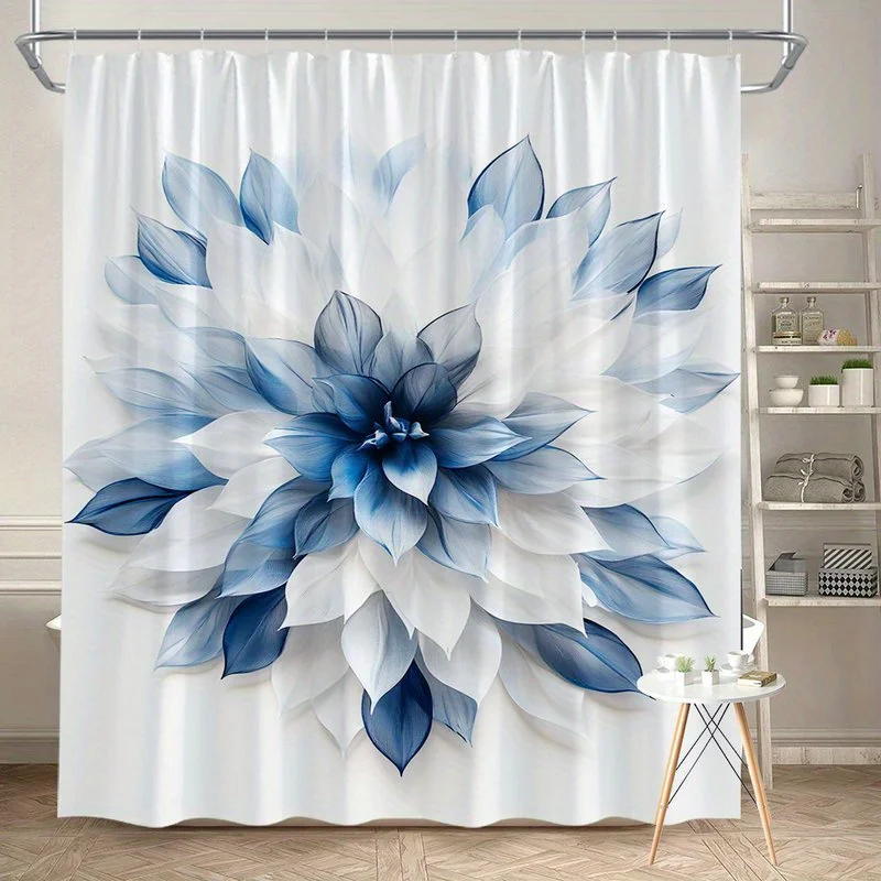 

1 шт. синяя занавеска для душа с цветочным принтом, полиэфирная ткань, можно стирать в машине, подходит для украшения спальни, гостиной